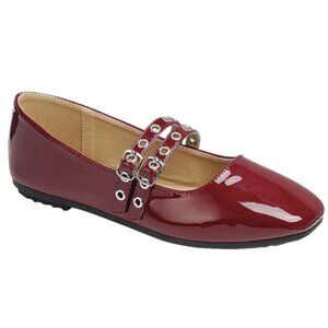 New Womens Wine Burgundy Square Toe Mary Jane Ballet Flats